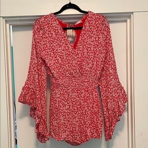 Red Floral Wrap-Style Women's Romper